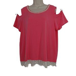 Karl Lagerfeld Pink Cold-Shoulder Top With Pearl Accent Lace Hem Women Size XL